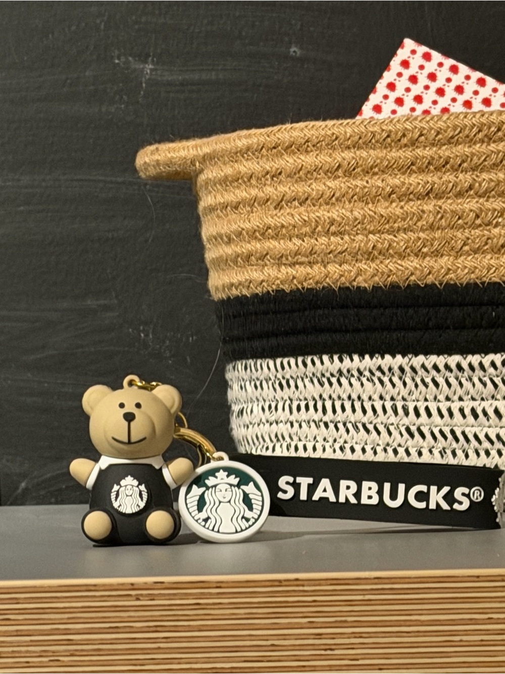 Starbucks Beige & Black Teddy Bear Keychain with Logo Charm